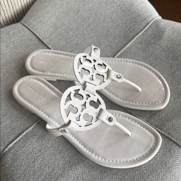 Tory Burch Shoes - Tory Burch White Miller Logo Thong Sandals - Signature Cutout